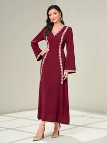 Modelyn Burgundy Red Contrast Trimmed V Neck Dress - Burgundy - View 5