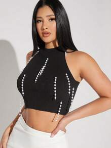 Hauture Pearls Beaded Crop Halter Knit Top - Black - View 1