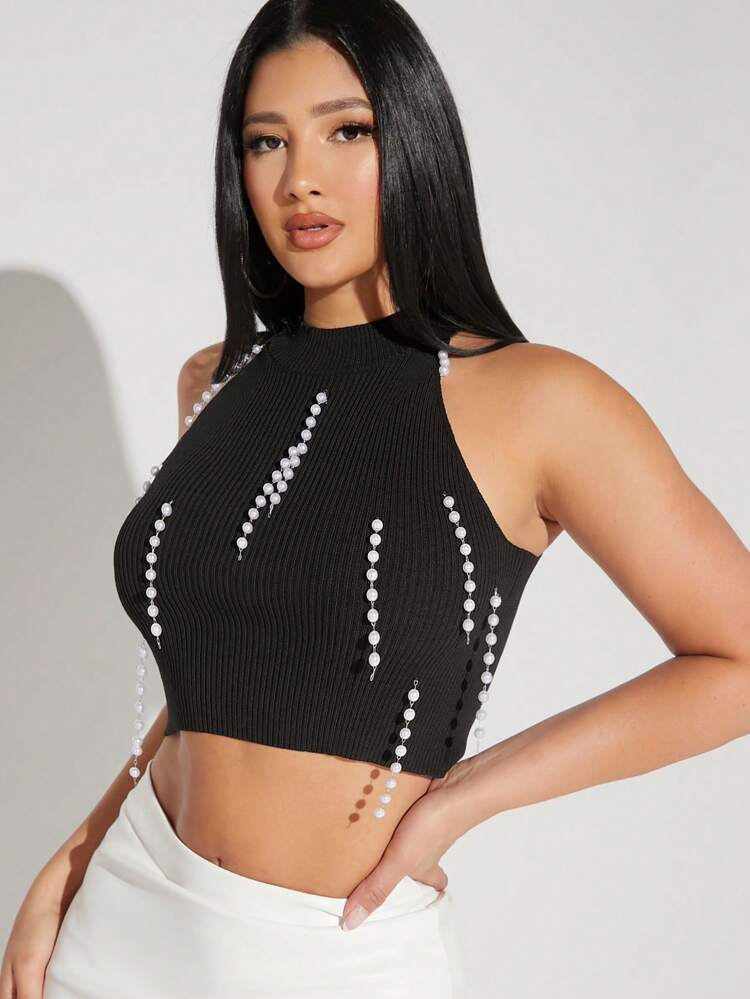 Pearls Beaded Crop Halter Knit Top