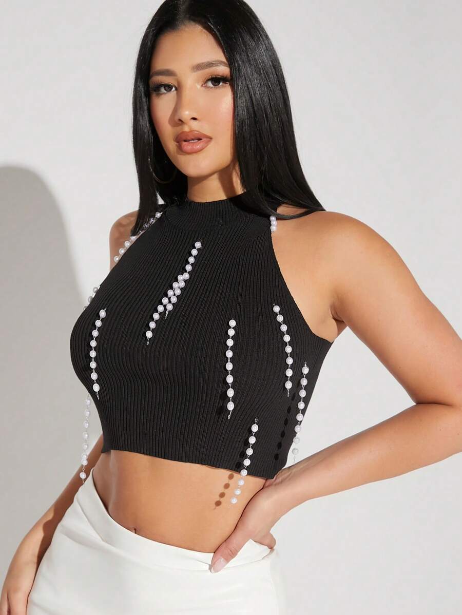 Hauture Pearls Beaded Crop Halter Knit Top - Black - View 1