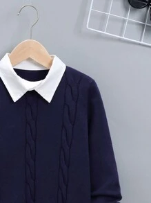 SHEIN 男大童撞色領絞花針織二合一毛衣 - 藍色 - 查看 5