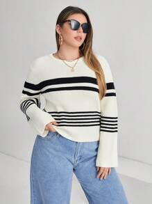 SHEIN Essnce 加條紋圖案落肩毛衣 - 黑與白 - 查看 5