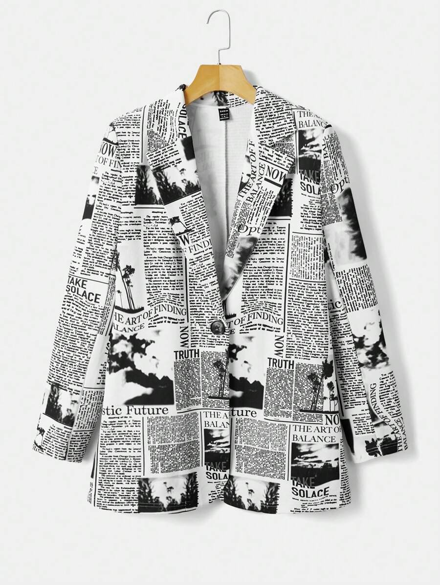 SHEIN EZwear 萬聖節1入組報紙印花西裝領西裝外套