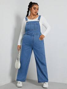 SHEIN EZwear 大碼斜袋牛仔背帶褲（無T恤） - 中等水洗藍 - 查看 6