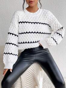 Chiquease Striped Pattern Drop Shoulder Sweater,Long Sleeve Tops Knit Pullover Fall Winter Outfit - Black and White - View 5