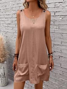EMERY ROSE 素色雙口袋背心洋裝 - 藕粉色 - 查看 5