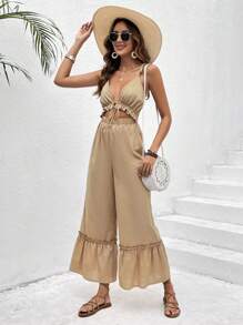 SHEIN VCAY 鏤空前繫帶荷葉邊吊帶連體褲 - 卡其色 - 查看 6