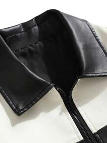 Men Long Sleeve Two Tone Zip Up PU Leather Jacket, For Fall Winter - Black and White - View 4