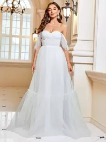 SHEIN Belle Off Shoulder Lớp phủ lưới Váy dự tiệc - trắng - Xem 4