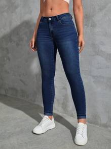 SHEIN Qutie Slant Pocket Skinny Jeans - Medium Wash - View 3