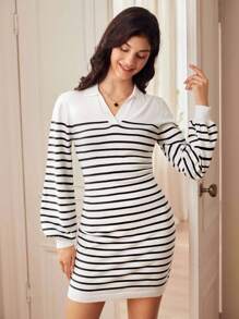 SHEIN Frenchy Striped Pattern Lantern Sleeve Sweater Dress Winter White Casual - White - View 4