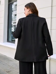 RueChic Plus Solid Lapel Neck Blazer Without Belt - Black - View 2
