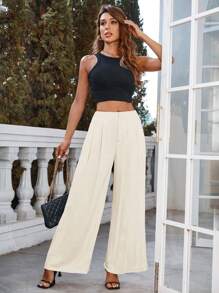 Chiquease Solid Plicated Detail Wide Leg Suit Pants - Apricot - View 6