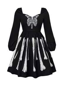 SHEIN Clasi Halloween Plus Skeleton Print Sweetheart Neck Lantern Sleeve Dress - Black - View 1