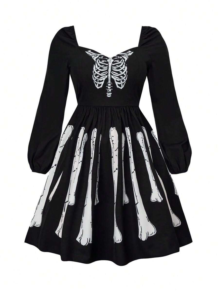 SHEIN Clasi Halloween Plus Skeleton Print Sweetheart Neck Lantern Sleeve Dress - Black - View 1