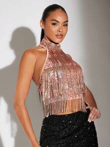 SHEIN BAE Women's Sleeveless Tank Top For Summer With Tassel And Sparkly Sequins - Pink - View 5