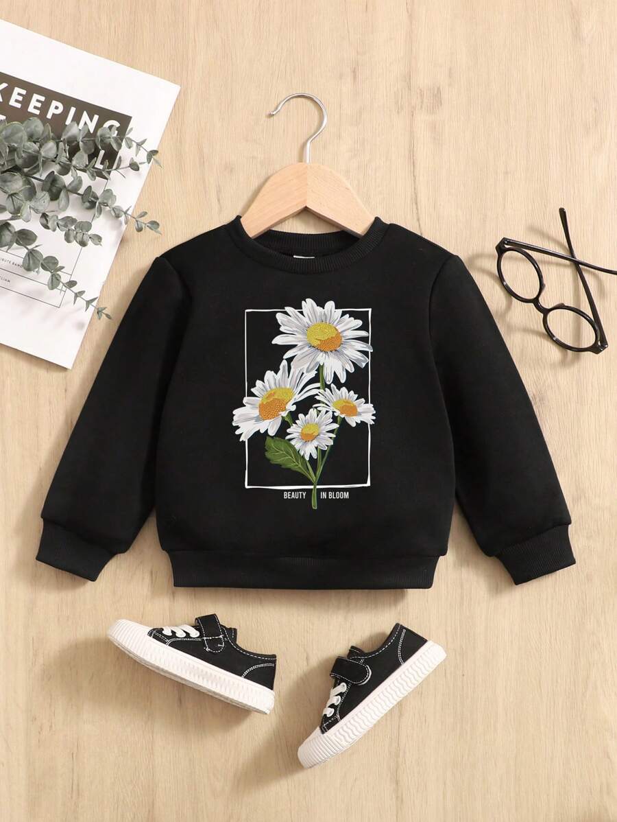 Baby Girl Floral & Slogan Graphic Sweatshirt - Black - View 1