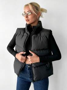 EURMUSE Zip Up Puffer Vest Coat - Black - View 3
