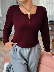 Flirla Talla grande Camiseta de cuello notch bajo curvo - Burdeos - Ver 4