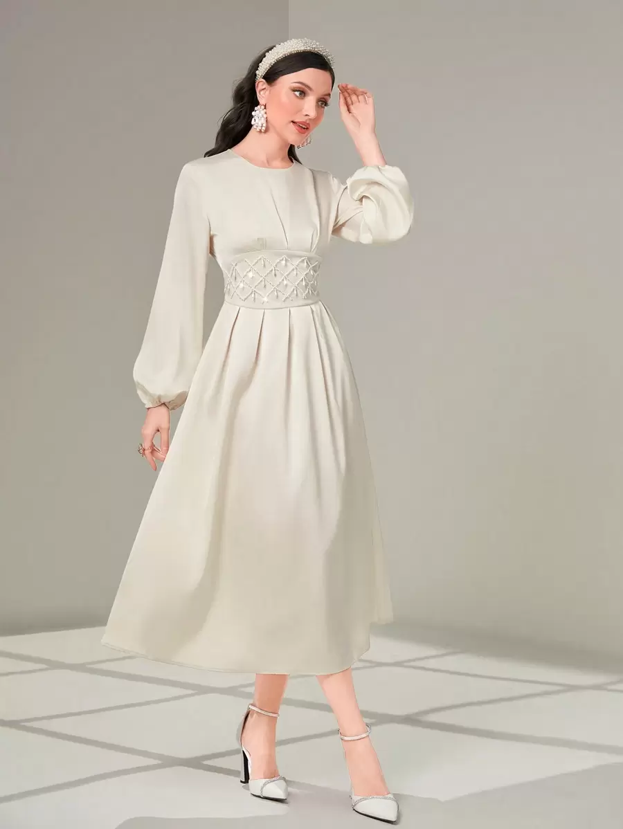 Modelyn 素色燈籠袖珍珠細節洋裝 - 米色 - 查看 1