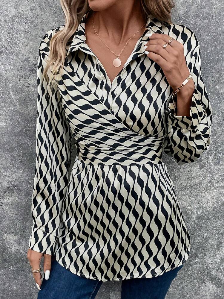 Allover Print Wrap Knot Back Blouse