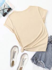 SHEIN EZwear 標語圖案T恤 - 卡其色 - 查看 2