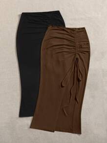 SHEIN VCAY 2 piezas Falda con cordón de muslo con abertura - Café integral - Ver 4