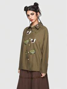 ROMWE Fairycore Camo Print Button Front Shirt - Army Green - View 5