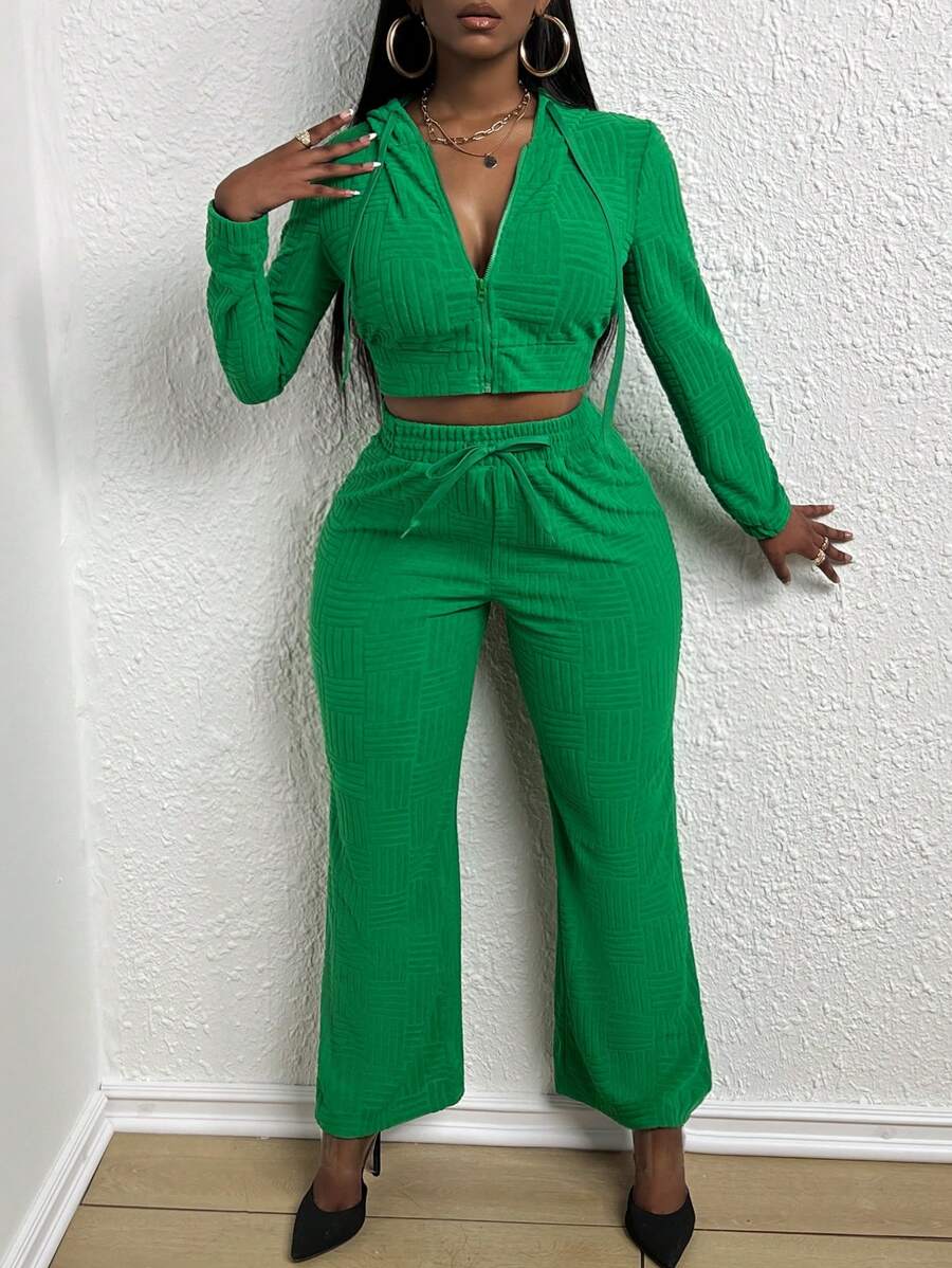 SHEIN Slayr 前拉鍊抽繩連帽短夾克&喇叭褲 - 綠色 - 查看 1