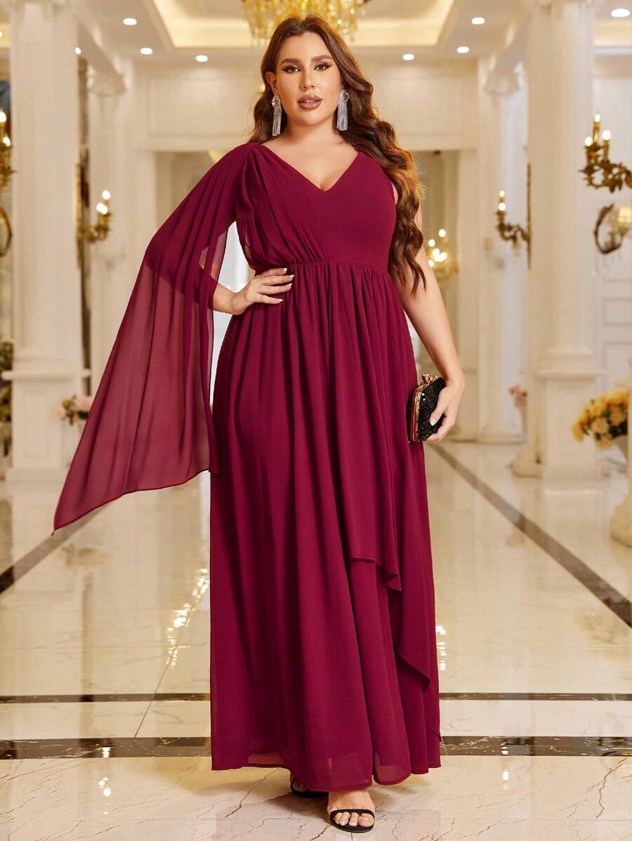 SHEIN Belle Vestido con capa de gasa burdeos sólido - Burdeos - Ver 1