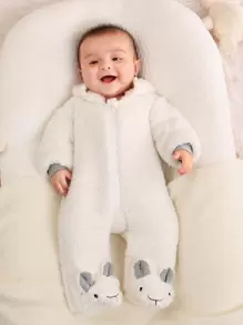 SHEIN Baby Boys Cartoon Embroidery 3D Ears Design Hooded Teddy Sleep Jumpsuit - White - View 4