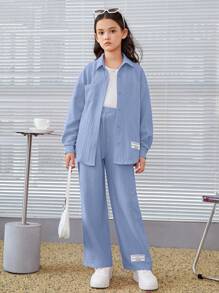 SHEIN Leap Crew Tween Girl Slogan Graphic Drop Shoulder Shirt & Wide Leg Pants