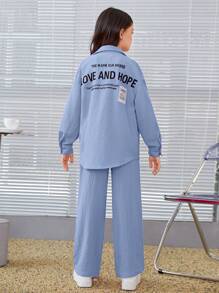 SHEIN Leap Crew Tween Girl Slogan Graphic Drop Shoulder Shirt & Wide Leg Pants