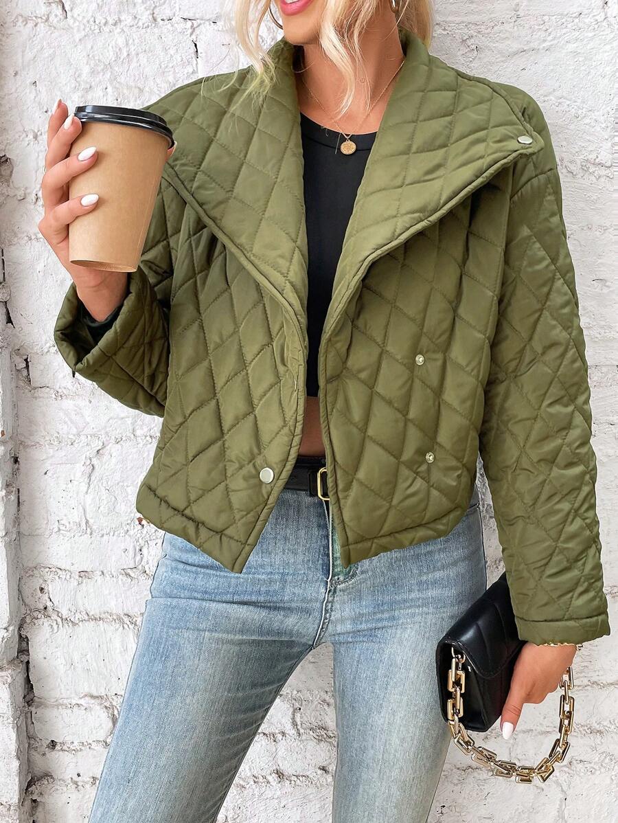 SHEIN LUNE Waterfall Collar Quilted Padded Coat Clothes Winter - Olive Green - View 1