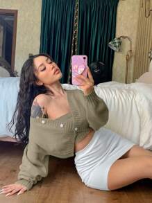 SHEIN Privé Top de punto de tubo corto liso con cárdigan de hombros caídos - Caqui - Ver 4
