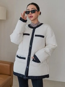 DAZY Contrast Trim Drop Shoulder Puffer Thick Pockets Coat Jacket Winter - White - View 6