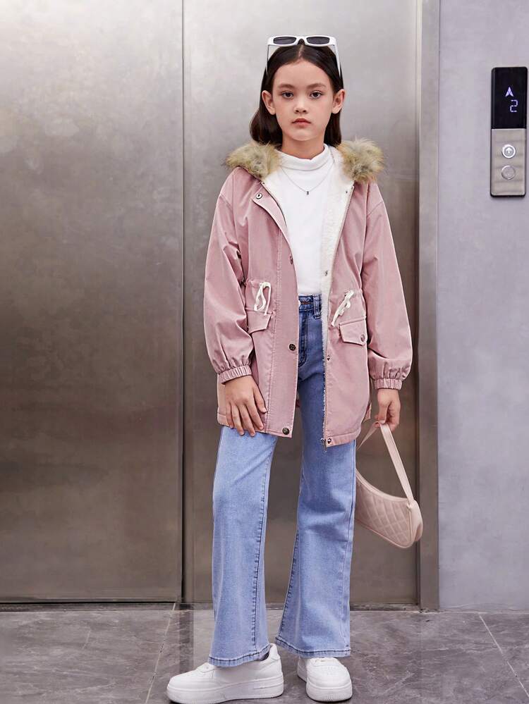 Tween Girl Drawstring Waist Fuzzy Trim Hooded Thermal Lined Coat