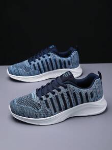 Men's Striped Breathable Lightweight Lace-up Athletic Shoes - Black - View 1