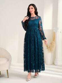 Modelyn Embroidery Embroidery Mesh Overlay Dress Without Belt and Cape - Teal Blue - View 6