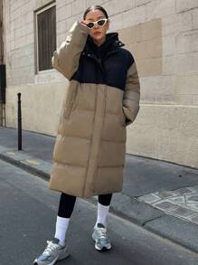 撞色长款羽绒服，翻领设计，女士冬季服装，女士冬季外套 - 彩色 - 查看 8