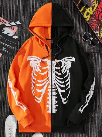 Manfinity Roghcode Men Plus Halloween Skeleton Print Two Tone Drawstring Hoodie, For Fall Winter
