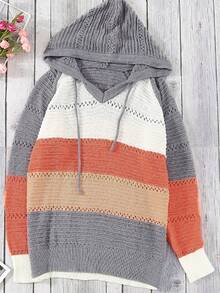 Color Block Raglan Sleeve Drawstring Hooded Pointelle Knit Sweater - Grey - View 7