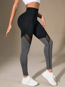 SHEIN Sports 女款拼色网眼插袋运动紧身裤瑜伽裤 - 黑色 - 查看 4