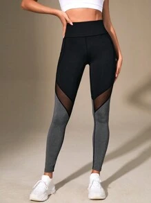 SHEIN Sports 女款拼色网眼插袋运动紧身裤瑜伽裤 - 黑色 - 查看 5