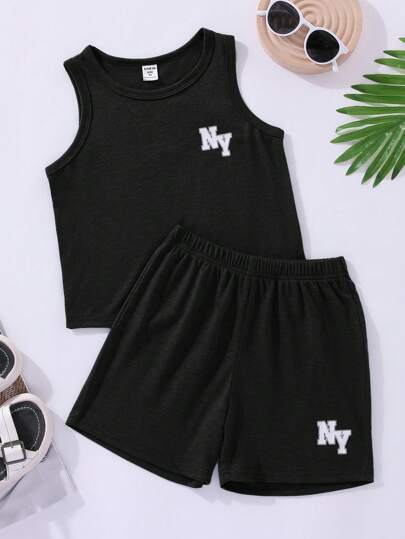 SHEIN Young BoyLedig Bekväm Bokstavstryck 2-delat Set