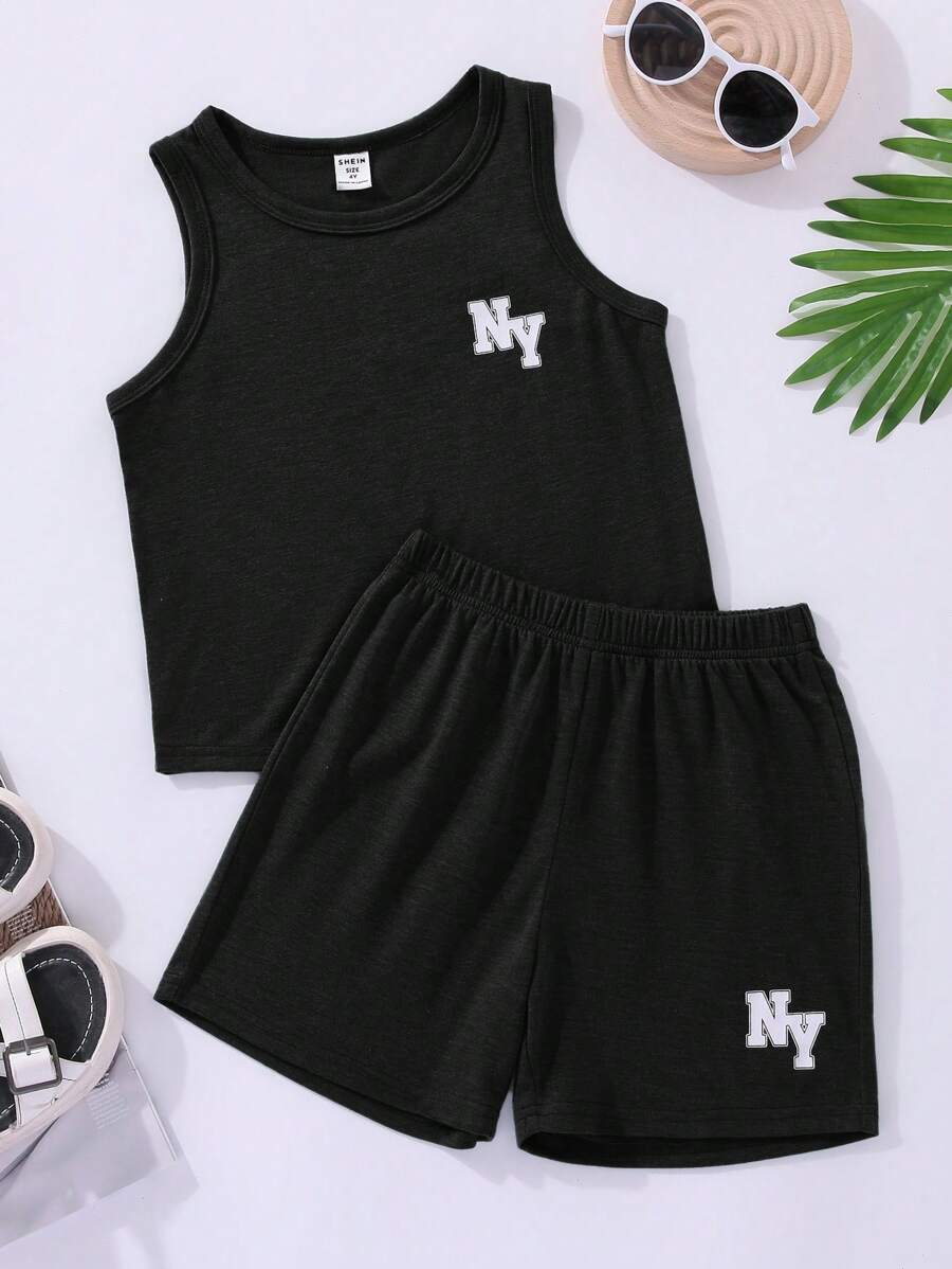 SHEIN 男童休闲舒适字母印花两件套