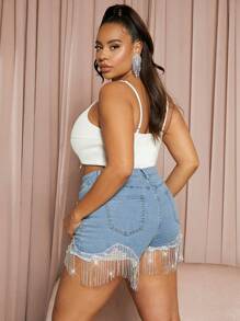Denimoi Talla grande Shorts en mezclilla con diamante de imitación ribete con fleco - Lavado ligero - Ver 2