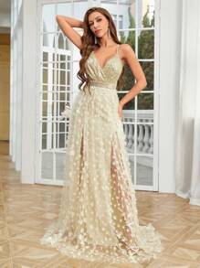 Floral Applique Mesh Prom Dress - Gold - View 1
