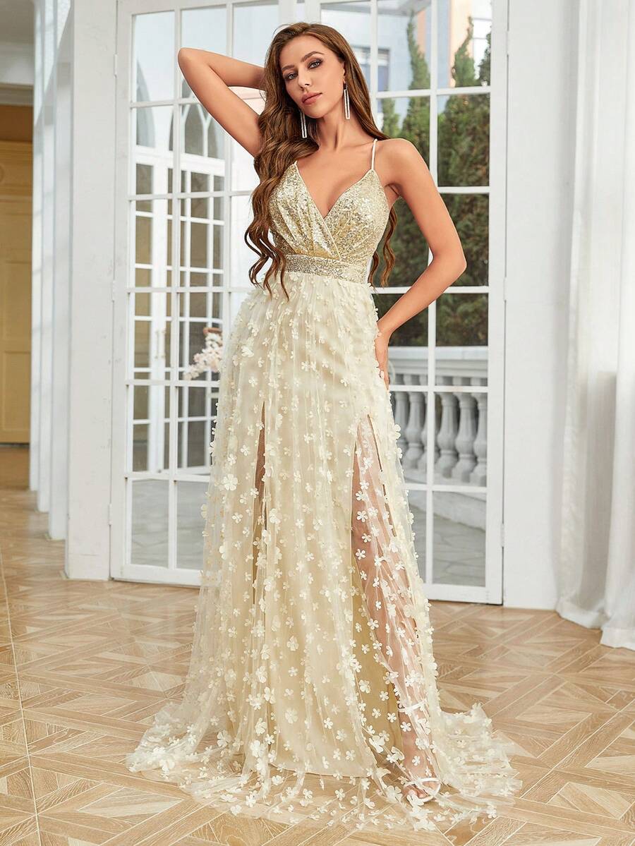 Floral Applique Mesh Prom Dress - Gold - View 1