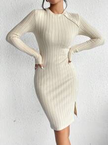 SHEIN Frenchy 條紋針織紐扣細節高衩緊身洋裝 - 杏色 - 查看 3